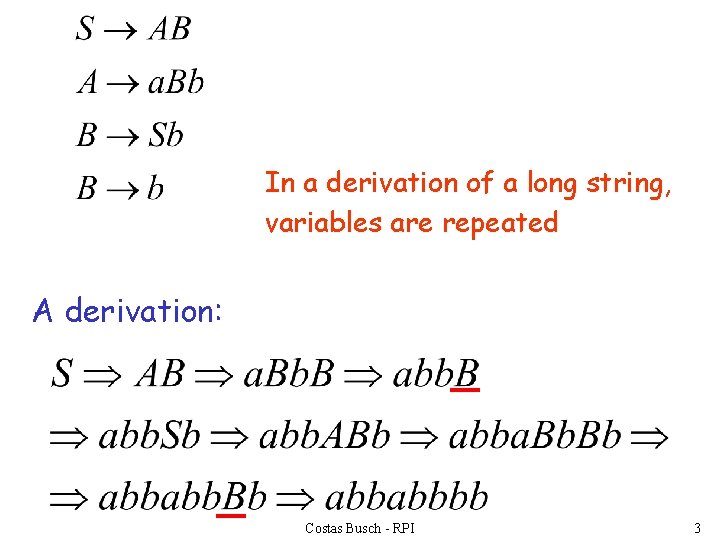 In a derivation of a long string, variables are repeated A derivation: Costas Busch