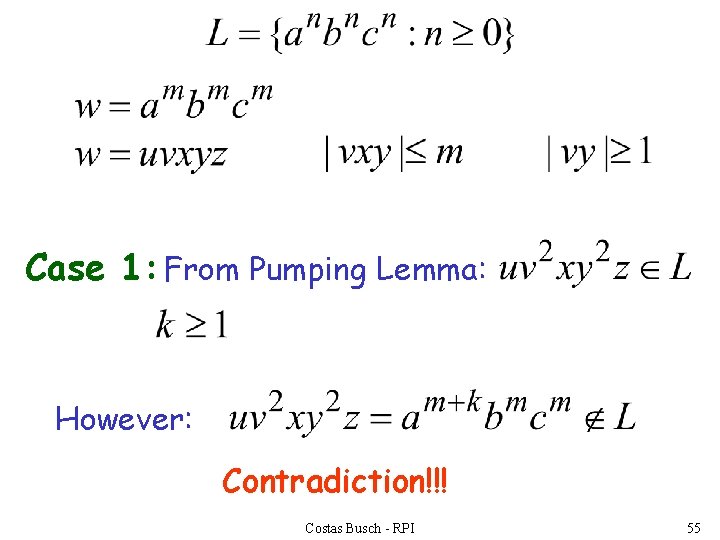 Case 1: From Pumping Lemma: However: Contradiction!!! Costas Busch - RPI 55 