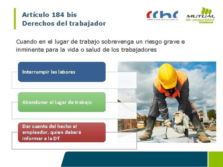 Artículo 184 bis Derechos del trabajador Cuando en el lugar de trabajo sobrevenga un