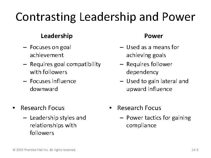Contrasting Leadership and Power Leadership – Focuses on goal achievement – Requires goal compatibility
