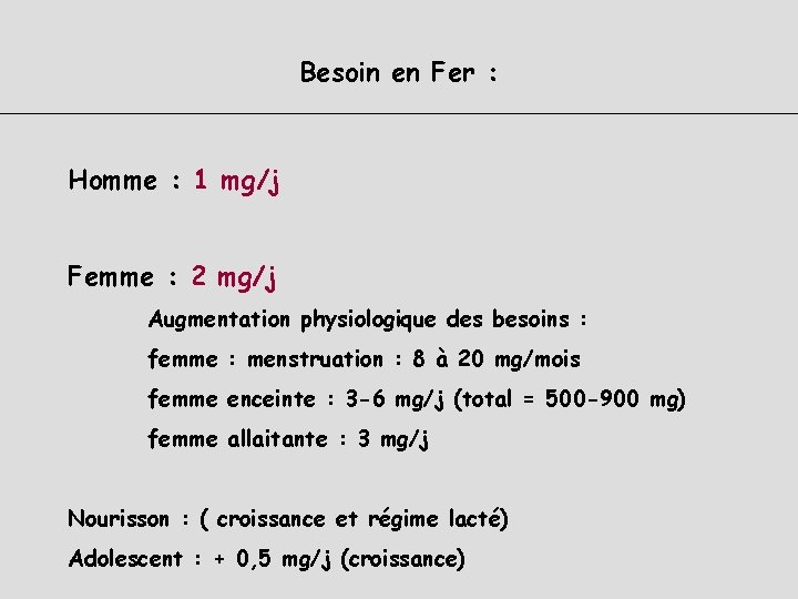 Besoin en Fer : Homme : 1 mg/j Femme : 2 mg/j Augmentation physiologique