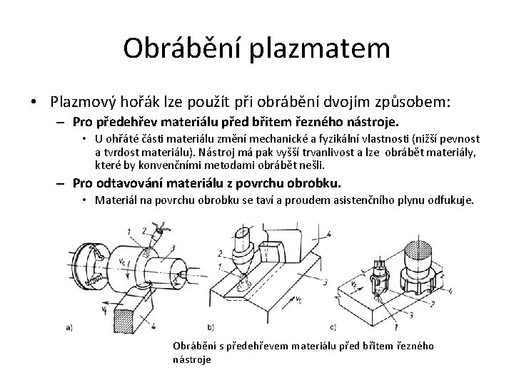 Obrábění plazmatem • Plazmový hořák lze použít při obrábění dvojím způsobem: – Pro předehřev