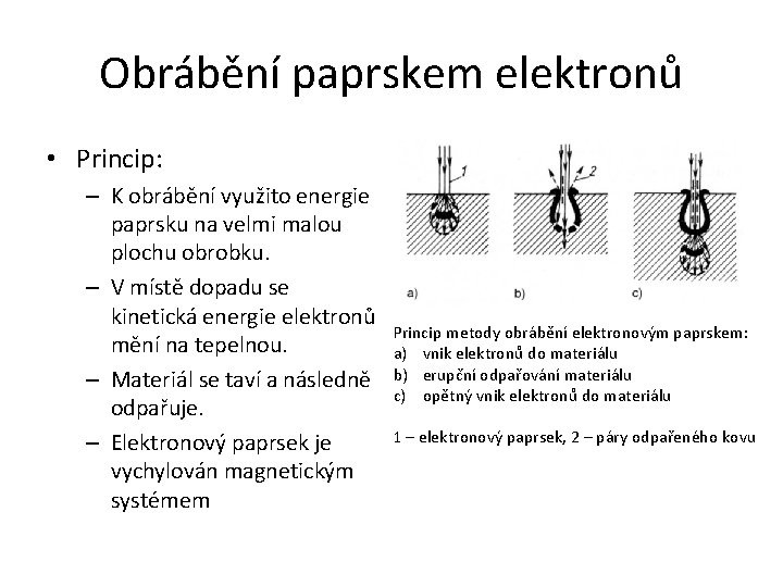 Obrábění paprskem elektronů • Princip: – K obrábění využito energie paprsku na velmi malou