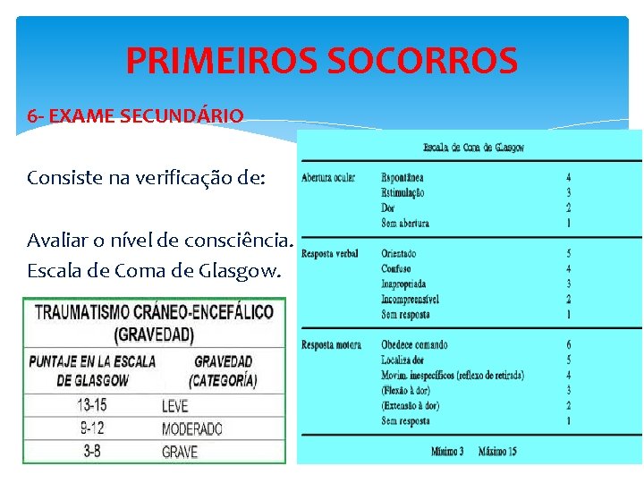 PRIMEIROS SOCORROS 6 - EXAME SECUNDÁRIO Consiste na verificação de: Avaliar o nível de