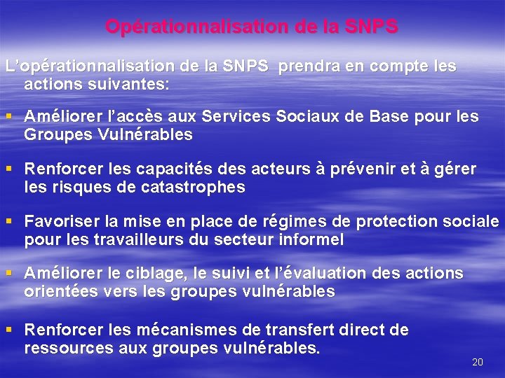 Opérationnalisation de la SNPS L’opérationnalisation de la SNPS prendra en compte les actions suivantes: