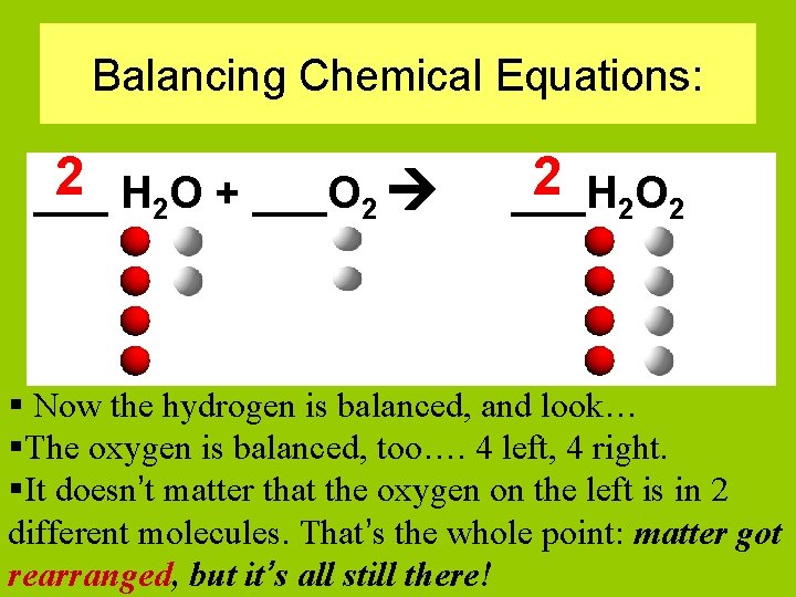 Balancing Chemical Equations: 2 H 2 O + ___O 2 ___ 2 2 O