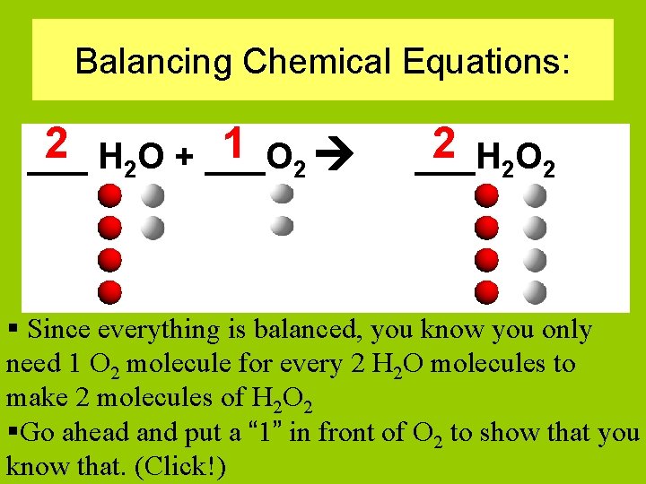 Balancing Chemical Equations: 2 H 2 O + ___O 1 2 ___ 2 2