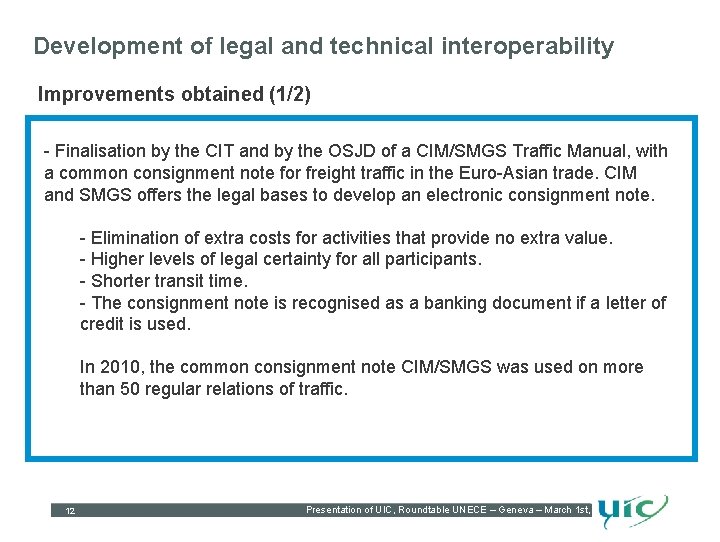 Development of legal and technical interoperability Improvements obtained (1/2) - Finalisation by the CIT