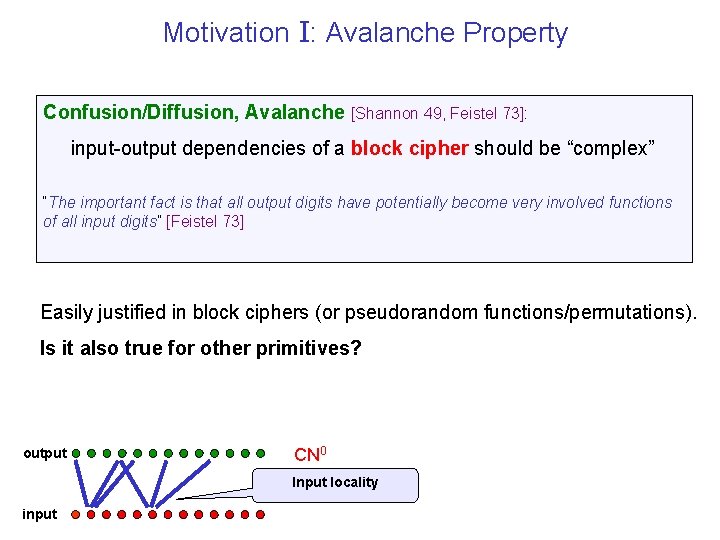 Motivation I: Avalanche Property Confusion/Diffusion, Avalanche [Shannon 49, Feistel 73]: input-output dependencies of a