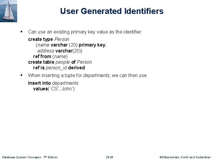 User Generated Identifiers § Can use an existing primary key value as the identifier: