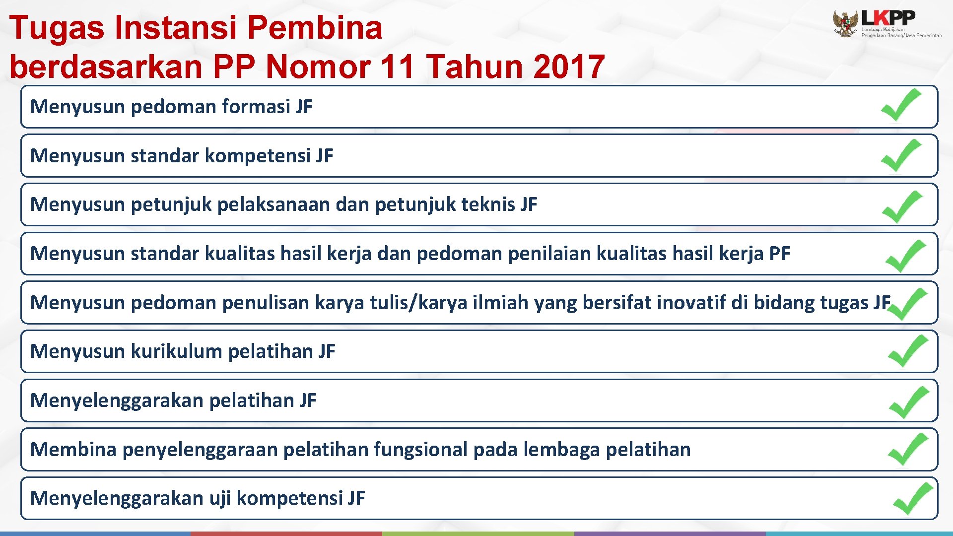 Tugas Instansi Pembina berdasarkan PP Nomor 11 Tahun 2017 Menyusun pedoman formasi JF Menyusun