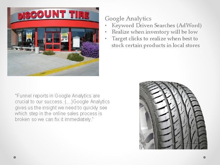 Google Analytics • Keyword Driven Searches (Ad. Word) • Realize when inventory will be
