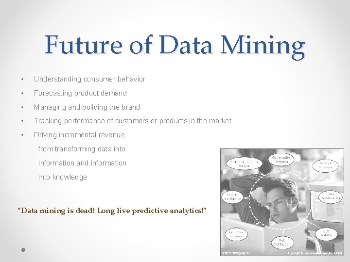 Future of Data Mining • Understanding consumer behavior • Forecasting product demand • Managing