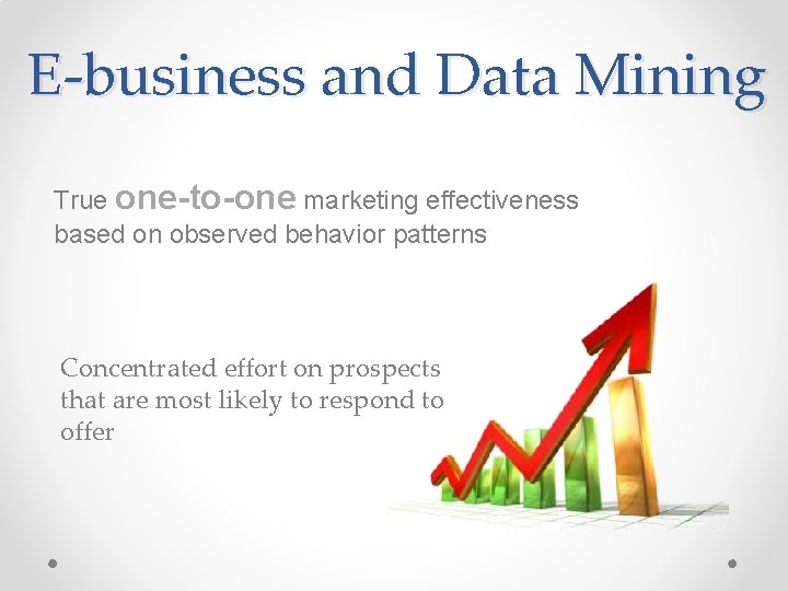 E-business and Data Mining True one-to-one marketing effectiveness based on observed behavior patterns Concentrated