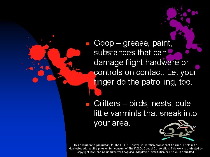 n n Goop – grease, paint, substances that can damage flight hardware or controls