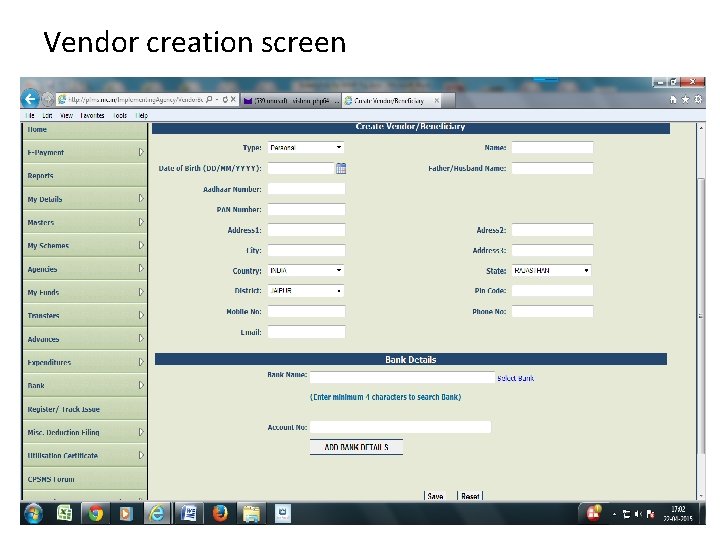 Vendor creation screen 