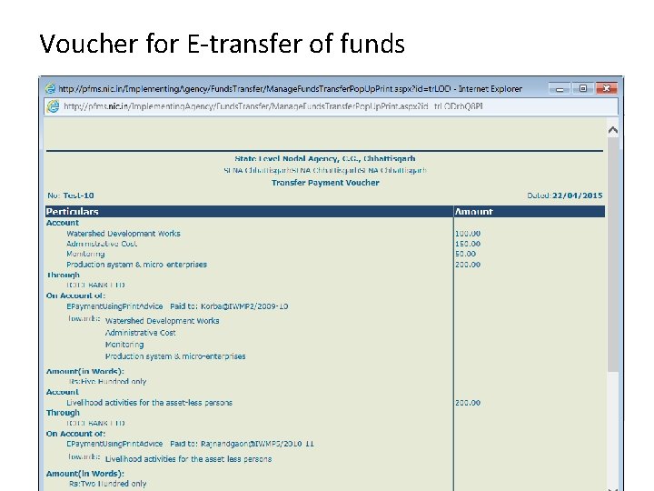 Voucher for E-transfer of funds 
