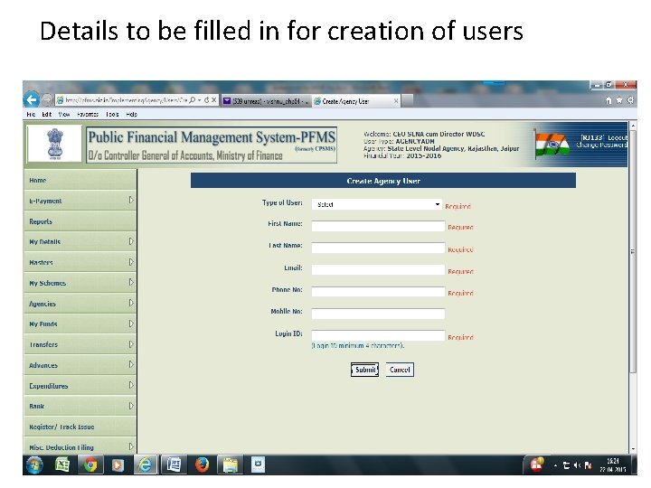 Details to be filled in for creation of users 