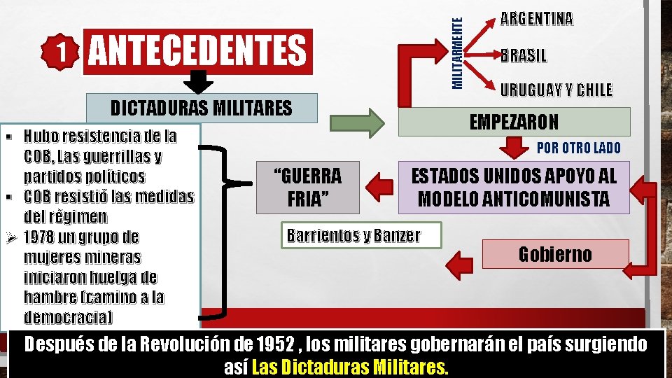 MILITARMENTE 1 ANTECEDENTES DICTADURAS MILITARES § Hubo resistencia de la COB, Las guerrillas y