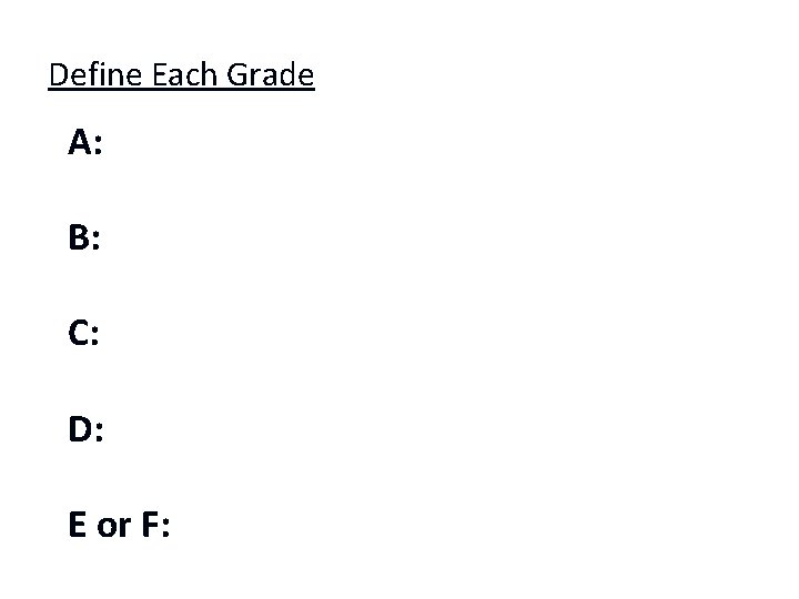 Define Each Grade A: B: C: D: E or F: 