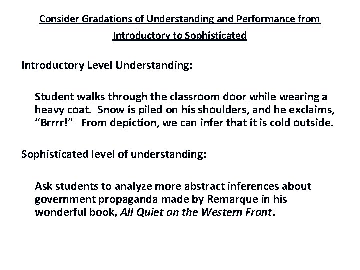 Consider Gradations of Understanding and Performance from Introductory to Sophisticated Introductory Level Understanding: Student