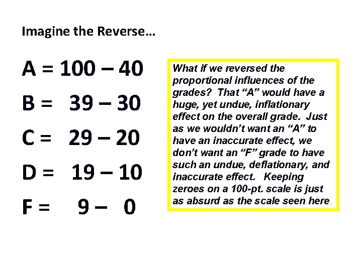 Imagine the Reverse… A = 100 – 40 B = 39 – 30 C