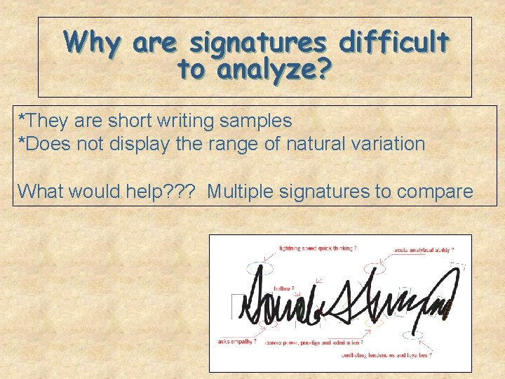 Why are signatures difficult to analyze? *They are short writing samples *Does not display