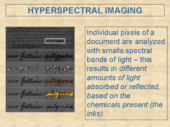 HYPERSPECTRAL IMAGING Individual pixels of a document are analyzed with smalls spectral bands of