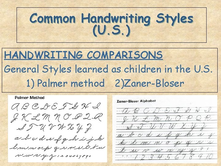 Common Handwriting Styles (U. S. ) HANDWRITING COMPARISONS General Styles learned as children in