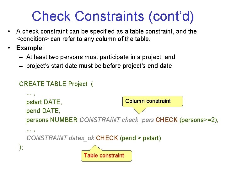 Check Constraints (cont’d) • A check constraint can be specified as a table constraint,