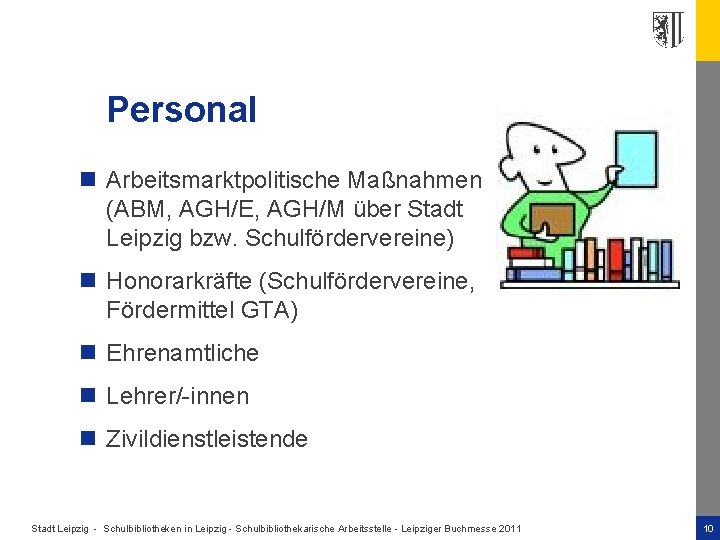 Personal n Arbeitsmarktpolitische Maßnahmen (ABM, AGH/E, AGH/M über Stadt Leipzig bzw. Schulfördervereine) n Honorarkräfte