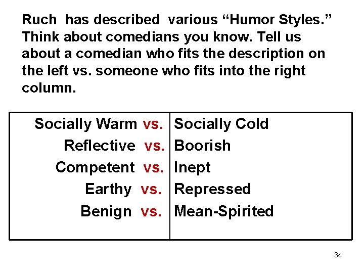 Ruch has described various “Humor Styles. ” Think about comedians you know. Tell us