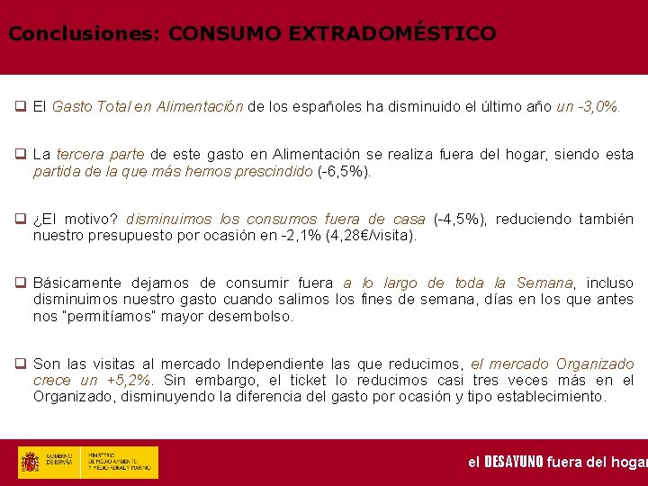 Conclusiones: CONSUMO EXTRADOMÉSTICO q El Gasto Total en Alimentación de los españoles ha disminuido