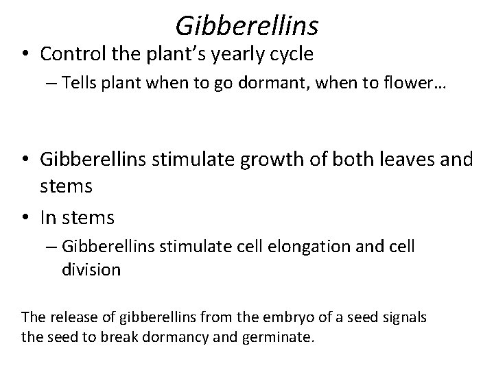 Gibberellins • Control the plant’s yearly cycle – Tells plant when to go dormant, Gibberellins • Control the plant’s yearly cycle – Tells plant when to go dormant,