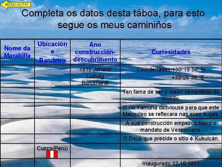 MENÚ ACTIV. Completa os datos desta táboa, para esto segue os meus caminiños Nome