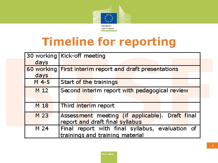 Timeline for reporting 30 working Kick-off meeting days 60 working First interim report and