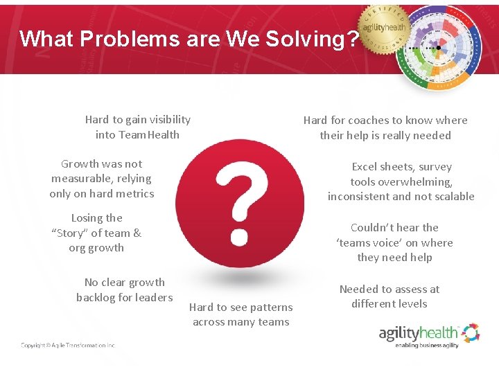 What Problems are We Solving? Hard to gain visibility into Team. Health Growth was