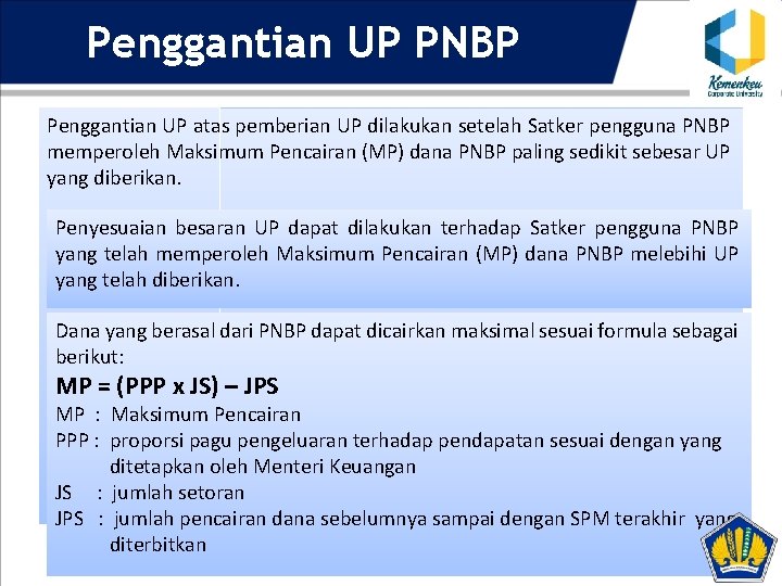 Penggantian UP PNBP Penggantian UP atas pemberian UP dilakukan setelah Satker pengguna PNBP memperoleh