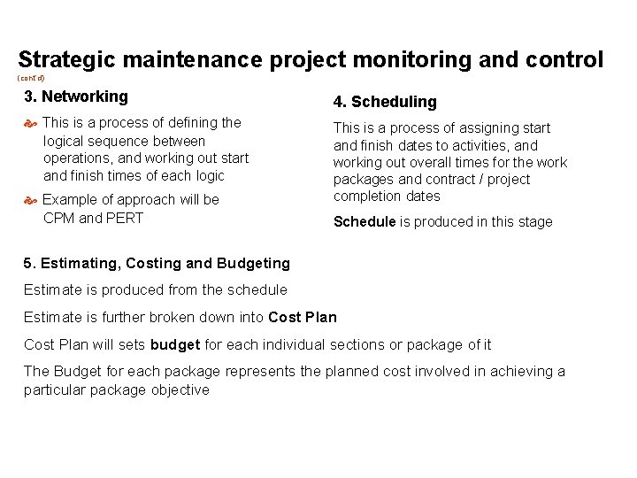 Strategic maintenance project monitoring and control (cont’d) 3. Networking 4. Scheduling This is a