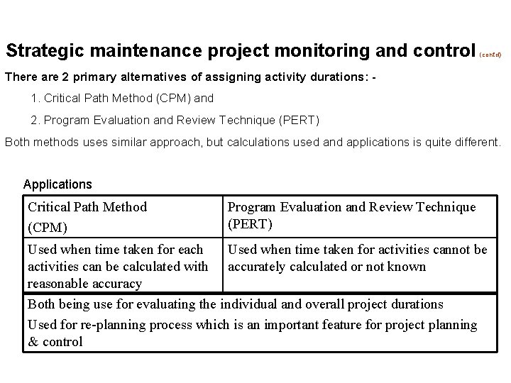 Strategic maintenance project monitoring and control (cont’d) There are 2 primary alternatives of assigning