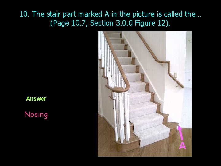 10. The stair part marked A in the picture is called the… (Page 10.