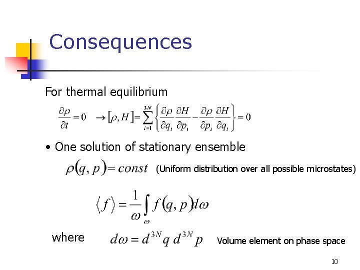 Consequences For thermal equilibrium • One solution of stationary ensemble (Uniform distribution over all