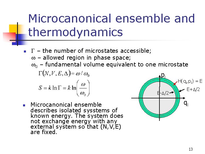 Microcanonical ensemble and thermodynamics n G – the number of microstates accessible; w –