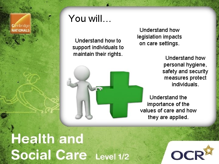 You will… Understand how to support individuals to maintain their rights. Understand how legislation