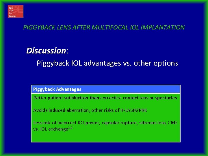 PIGGYBACK LENS AFTER MULTIFOCAL IOL IMPLANTATION Discussion: Piggyback IOL advantages vs. other options Piggyback