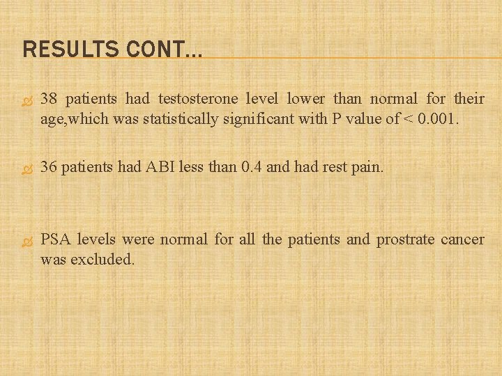 RESULTS CONT… 38 patients had testosterone level lower than normal for their age, which