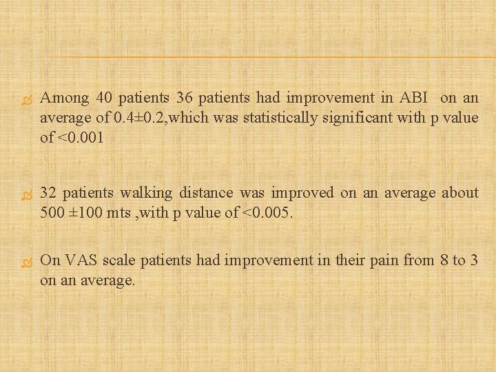  Among 40 patients 36 patients had improvement in ABI on an average of