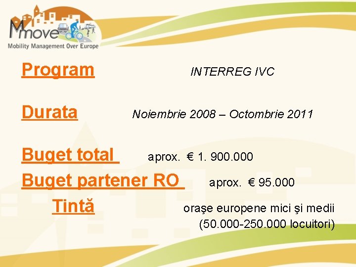 Program Durata INTERREG IVC Noiembrie 2008 – Octombrie 2011 Buget total aprox. € 1.