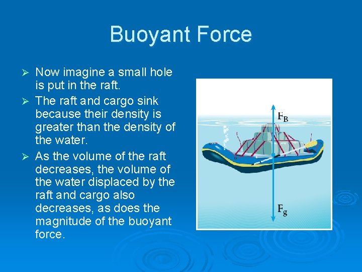 Buoyant Force Now imagine a small hole is put in the raft. Ø The