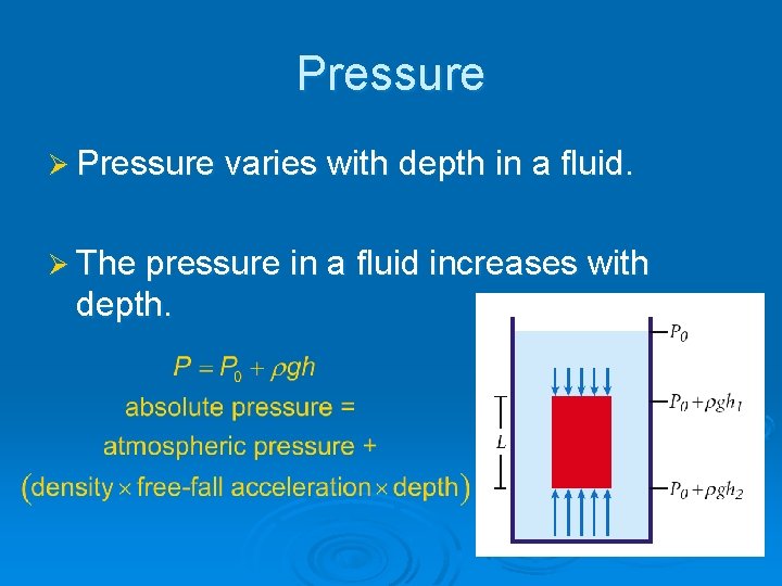 Pressure Ø Pressure varies with depth in a fluid. Ø The pressure in a